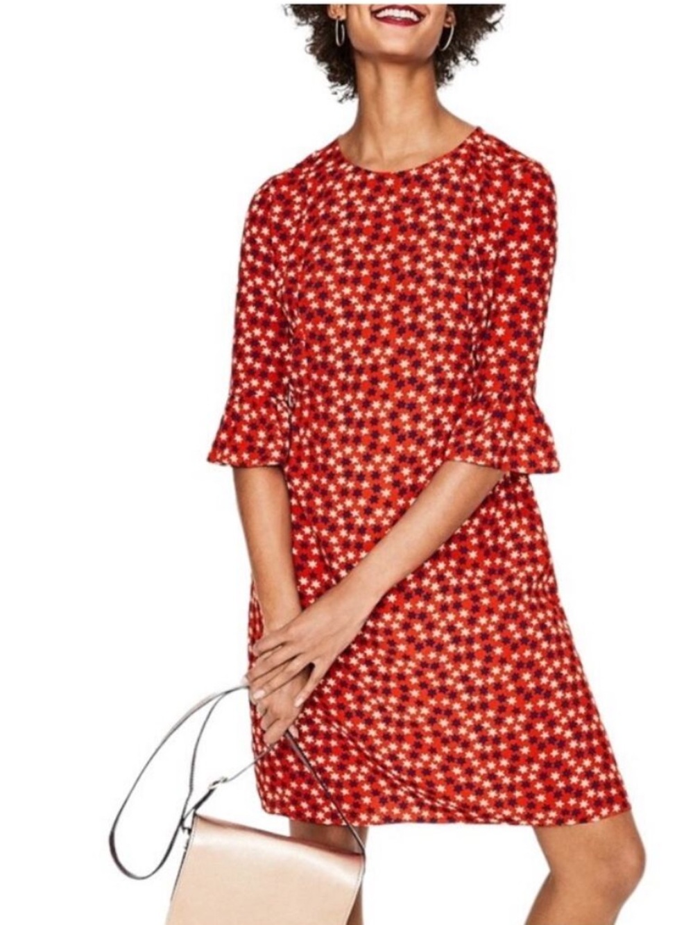 Boden Hyacinth Dress Mini Shift Red White and Blue 3/4 Sleeve Knee Length US 18